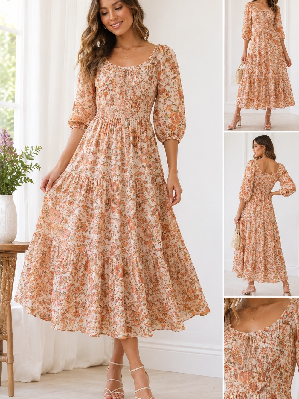 fig and flower Peach Floral Tiered Maxi Dress